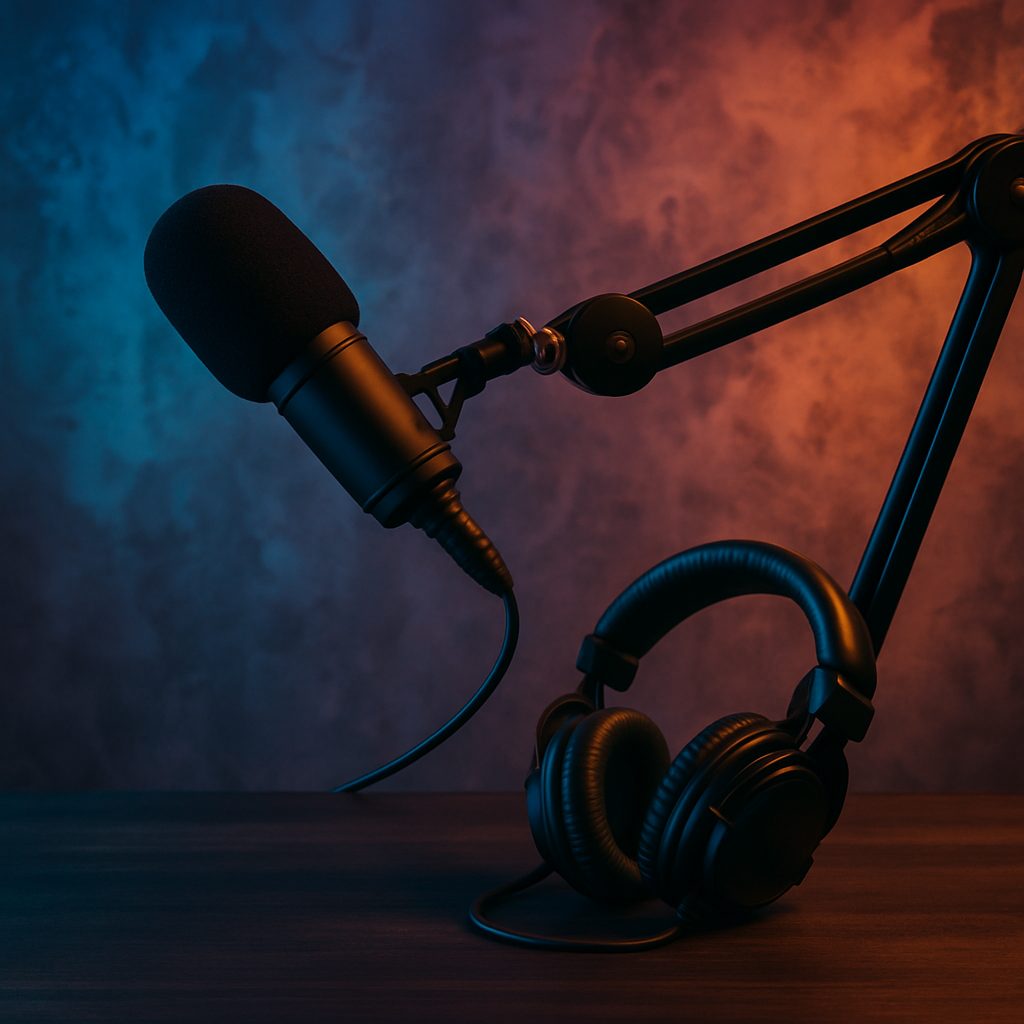 podcast photo with no people just a mic and head set and cool background