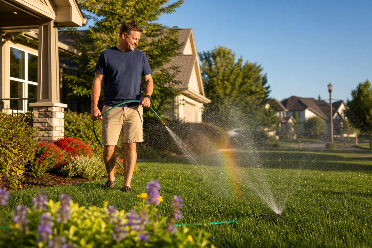 Sprinkler Watering Green Lawn at House