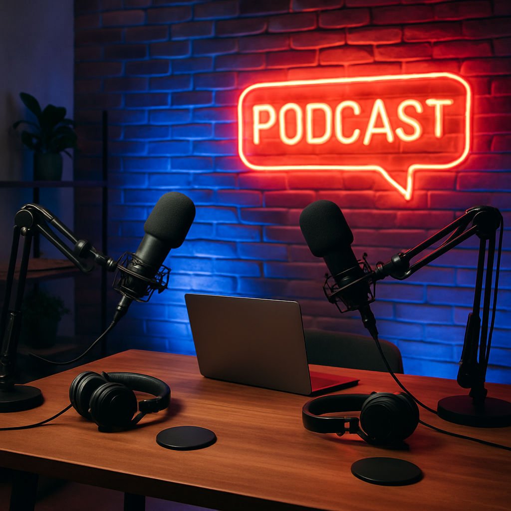 a podcast set with mics a cool background and no people in the image-1